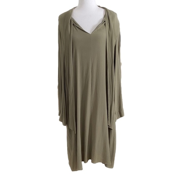 LUISA CERANO MUTED OLIVE GREEN ACETATE SILK BLEND LONG SLEEVE SHIFT DRESS - 16 - Picture 1 of 12